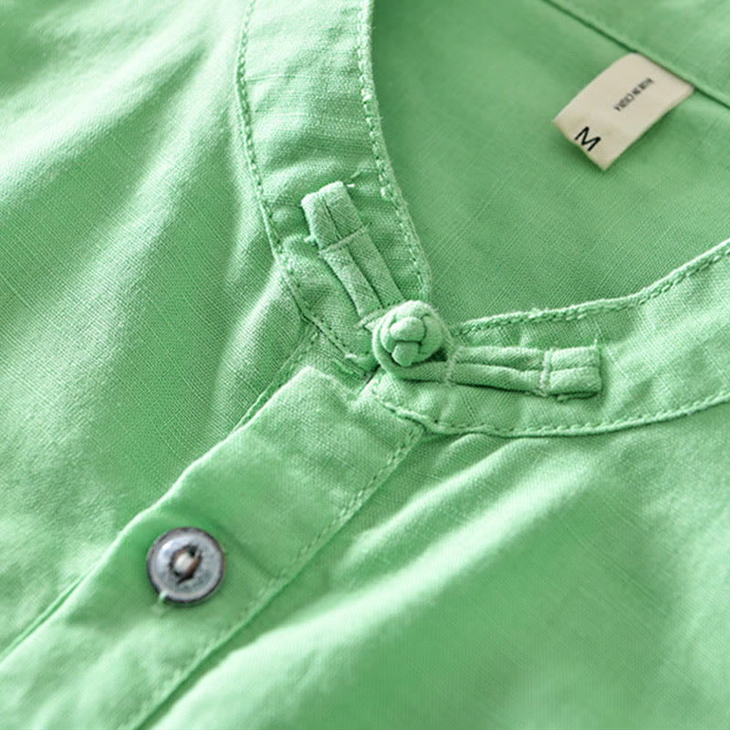 Nimara Ritual Solid Color Half Button Design Stand Collar Men's Short Sleeve Cotton Linen Shirt
