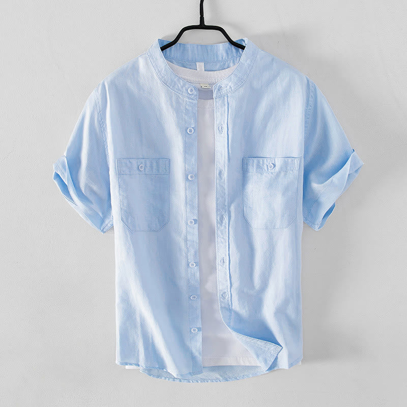Nimara Ritual Casual Daily Simple Buttons Design Stand Collar Men's Short Sleeve Cotton Linen Shirt With Front Pockets
