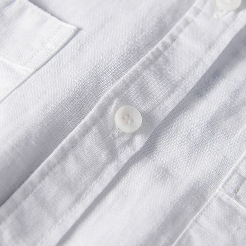Nimara Ritual Casual Daily Simple Buttons Design Stand Collar Men's Short Sleeve Cotton Linen Shirt With Front Pockets