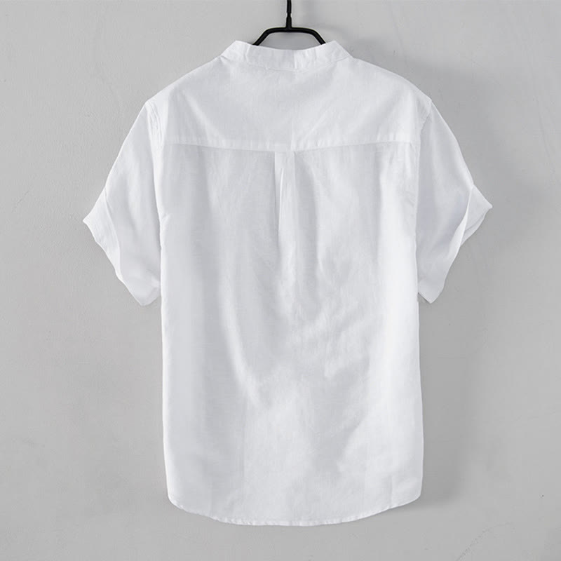 Nimara Ritual Casual Daily Simple Buttons Design Stand Collar Men's Short Sleeve Cotton Linen Shirt With Front Pockets