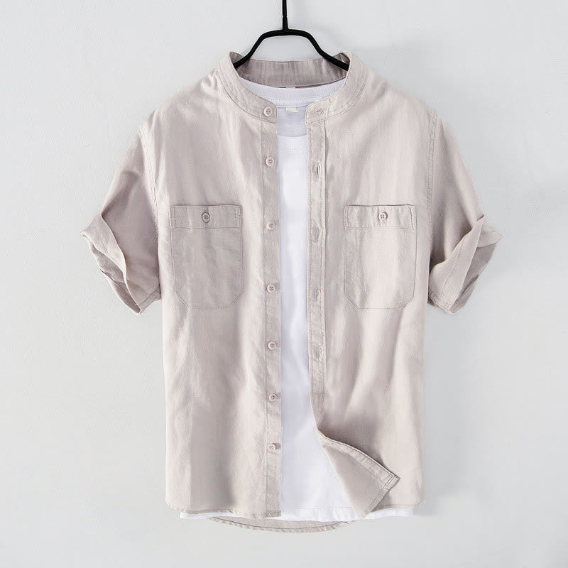 Nimara Ritual Casual Daily Simple Buttons Design Stand Collar Men's Short Sleeve Cotton Linen Shirt With Front Pockets