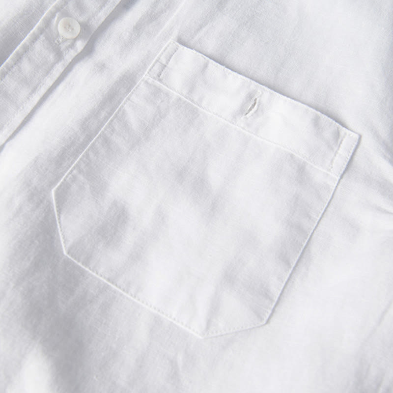 Nimara Ritual Casual Daily Simple Buttons Design Stand Collar Men's Short Sleeve Cotton Linen Shirt With Front Pockets