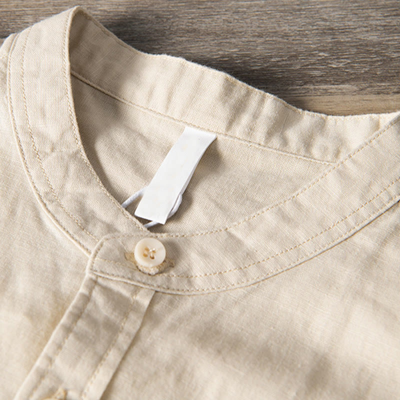 Nimara Ritual Casual Daily Simple Buttons Design Stand Collar Men's Short Sleeve Cotton Linen Shirt With Front Pockets