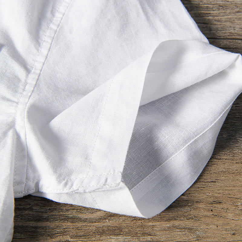 Nimara Ritual Casual Daily Simple Buttons Design Stand Collar Men's Short Sleeve Cotton Linen Shirt With Front Pockets