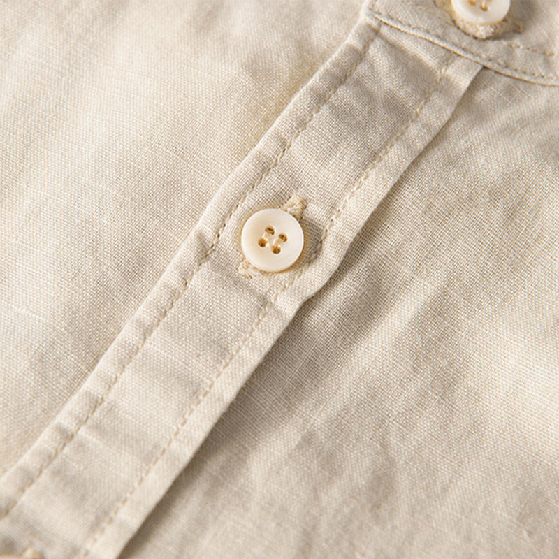 Nimara Ritual Casual Daily Simple Buttons Design Stand Collar Men's Short Sleeve Cotton Linen Shirt With Front Pockets