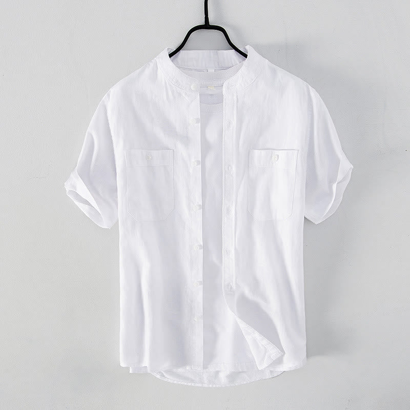 Nimara Ritual Casual Daily Simple Buttons Design Stand Collar Men's Short Sleeve Cotton Linen Shirt With Front Pockets