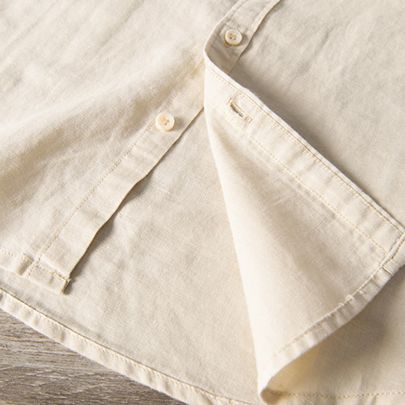 Nimara Ritual Casual Daily Simple Buttons Design Stand Collar Men's Short Sleeve Cotton Linen Shirt With Front Pockets