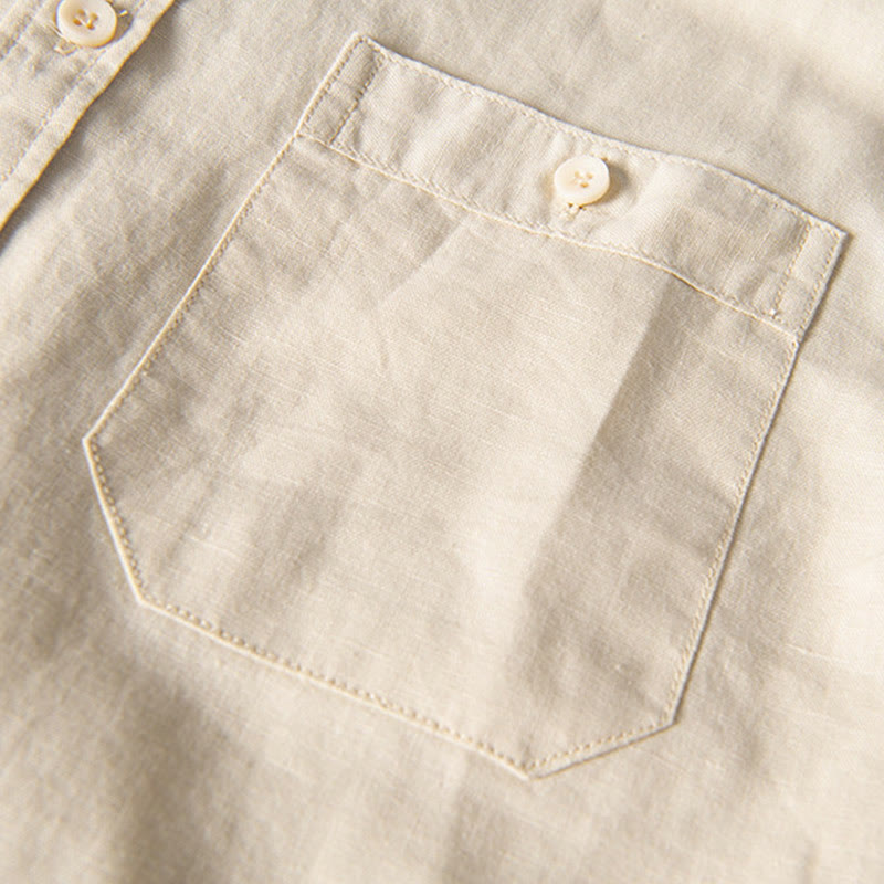 Nimara Ritual Casual Daily Simple Buttons Design Stand Collar Men's Short Sleeve Cotton Linen Shirt With Front Pockets