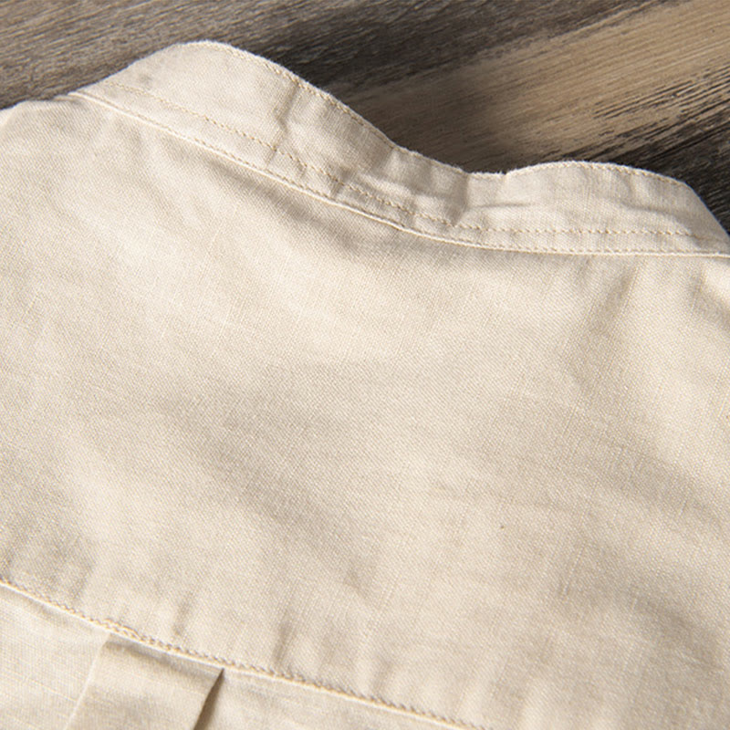Nimara Ritual Casual Daily Simple Buttons Design Stand Collar Men's Short Sleeve Cotton Linen Shirt With Front Pockets