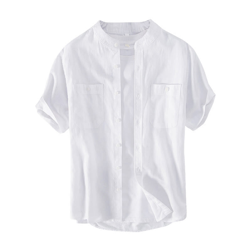 Nimara Ritual Casual Daily Simple Buttons Design Stand Collar Men's Short Sleeve Cotton Linen Shirt With Front Pockets