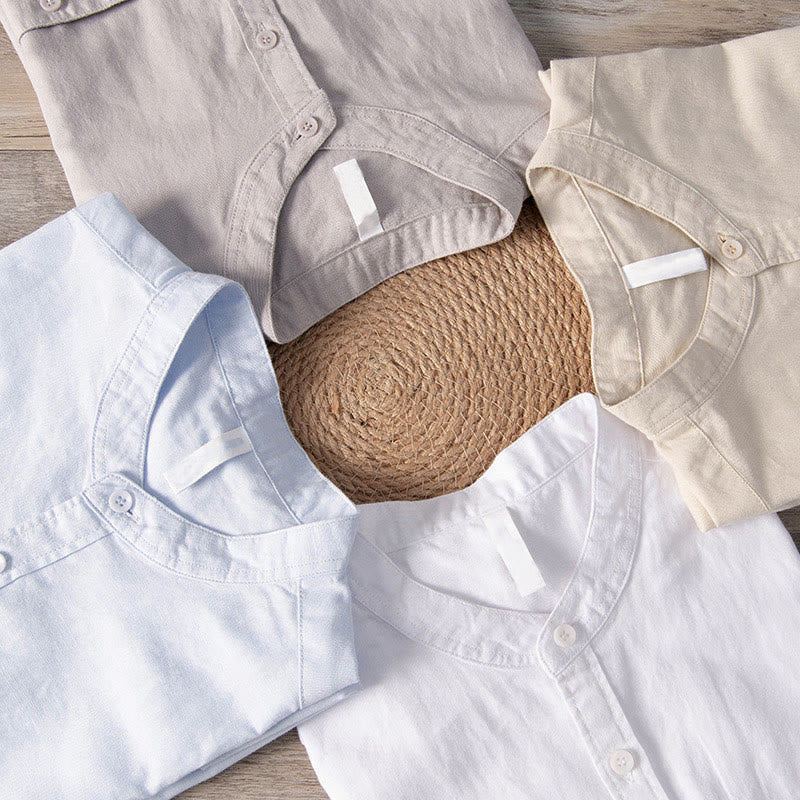Nimara Ritual Casual Daily Simple Buttons Design Stand Collar Men's Short Sleeve Cotton Linen Shirt With Front Pockets