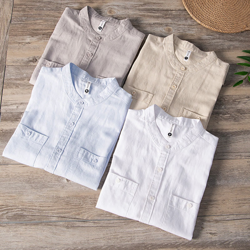 Nimara Ritual Casual Daily Simple Buttons Design Stand Collar Men's Short Sleeve Cotton Linen Shirt With Front Pockets