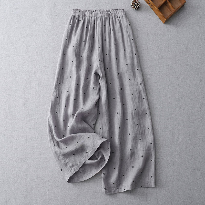 Nimara Ritual Summer Casual Polka Dot Pattern Design Cotton Linen Women's Wide Leg Pants With Pockets