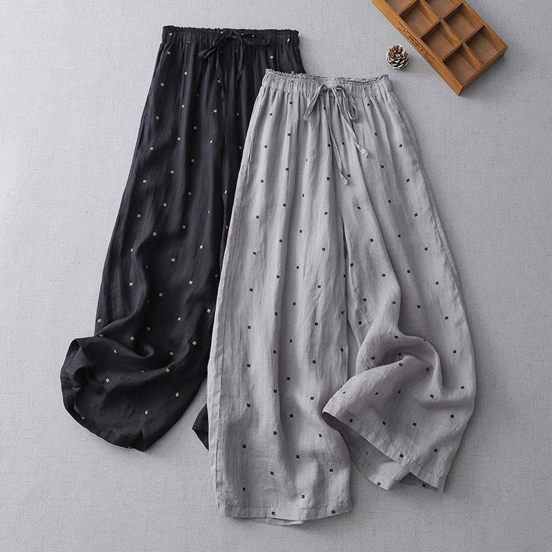 Nimara Ritual Summer Casual Polka Dot Pattern Design Cotton Linen Women's Wide Leg Pants With Pockets