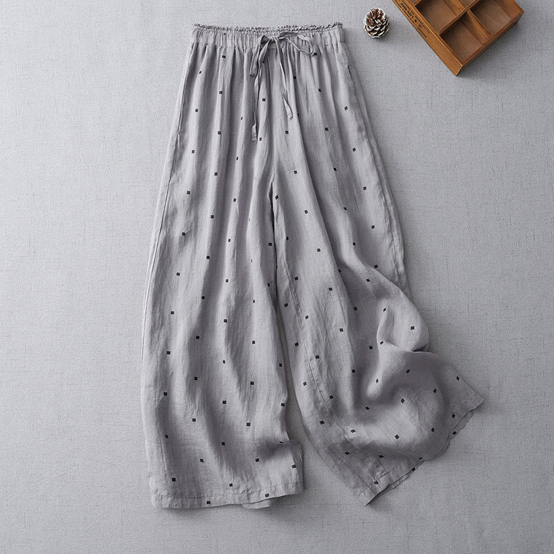 Nimara Ritual Summer Casual Polka Dot Pattern Design Cotton Linen Women's Wide Leg Pants With Pockets