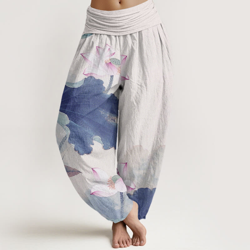 Nimara Ritual Cotton Casual Lotus Petal Pods Pattern Women's Elastic Waist Harem Pants