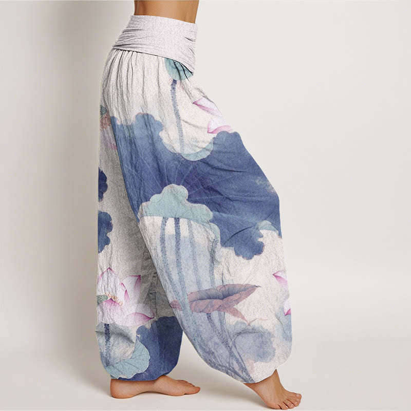 Nimara Ritual Cotton Casual Lotus Petal Pods Pattern Women's Elastic Waist Harem Pants