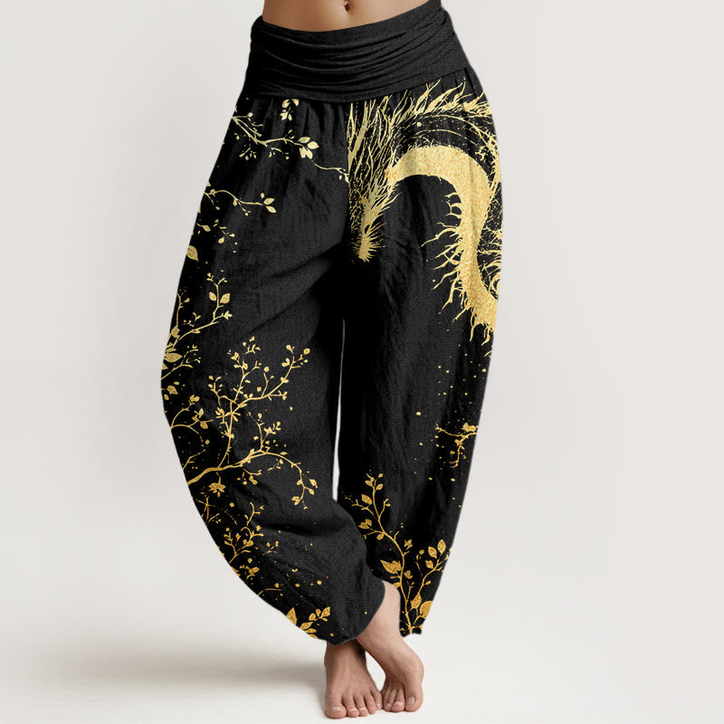 Nimara Ritual Cotton Casual Dragon Flower Leaf Pattern Women's Elastic Waist Harem Pants