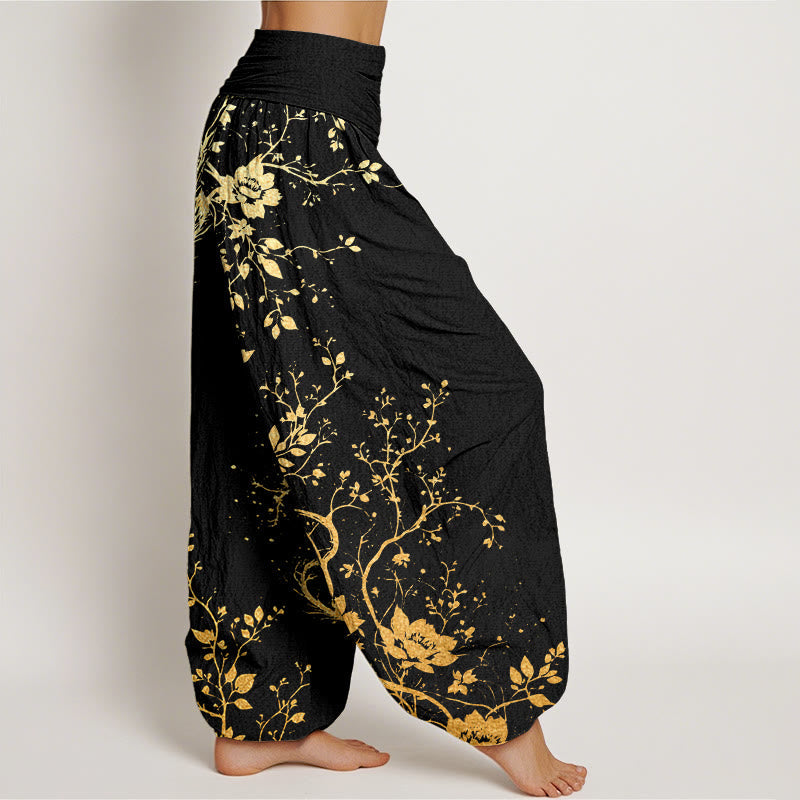 Nimara Ritual Cotton Casual Dragon Flower Leaf Pattern Women's Elastic Waist Harem Pants