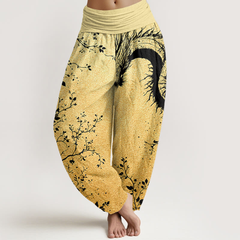 Nimara Ritual Cotton Casual Dragon Flower Leaf Pattern Women's Elastic Waist Harem Pants