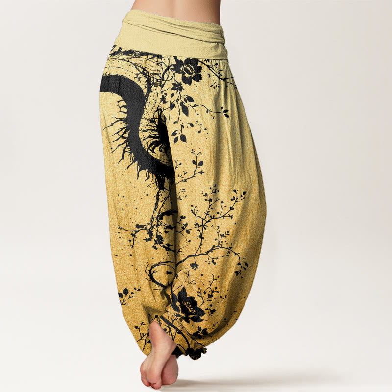 Nimara Ritual Cotton Casual Dragon Flower Leaf Pattern Women's Elastic Waist Harem Pants