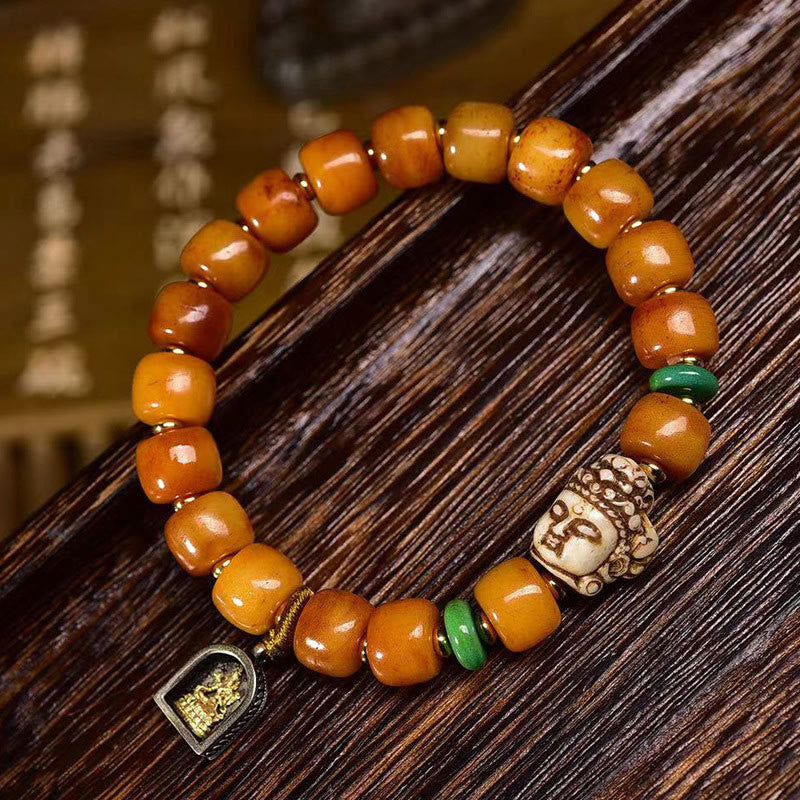 Nimara Ritual Natural Tibetan Camel Bone Barrel Beads Buddha Head Luck Protection Bracelet