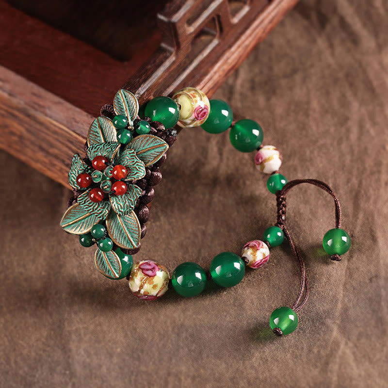 Nimara Ritual Green Agate Glass Flower Beads Braided Knot Support Bracelet