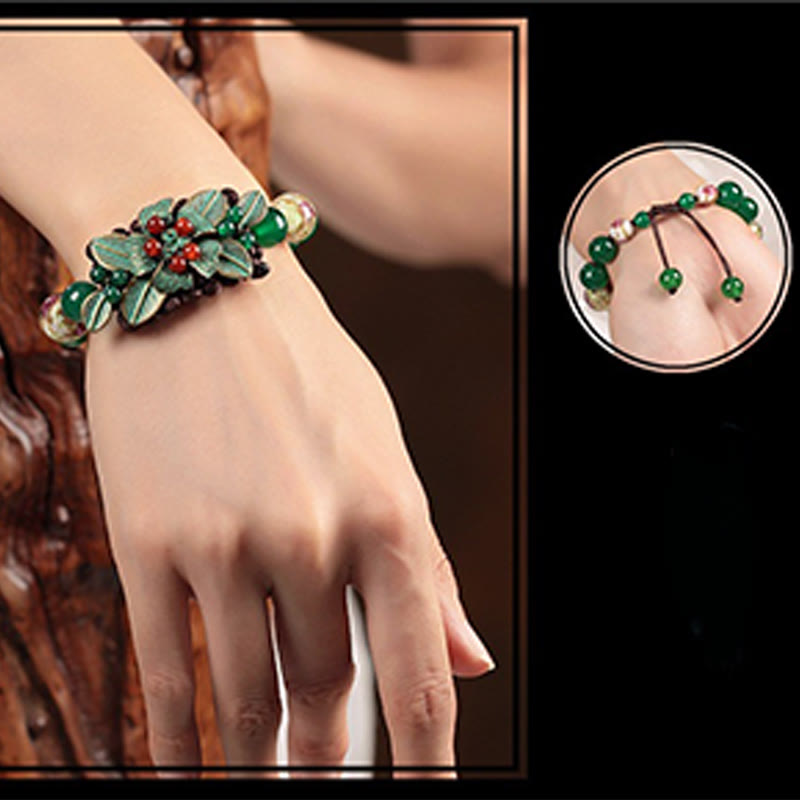 Nimara Ritual Green Agate Glass Flower Beads Braided Knot Support Bracelet