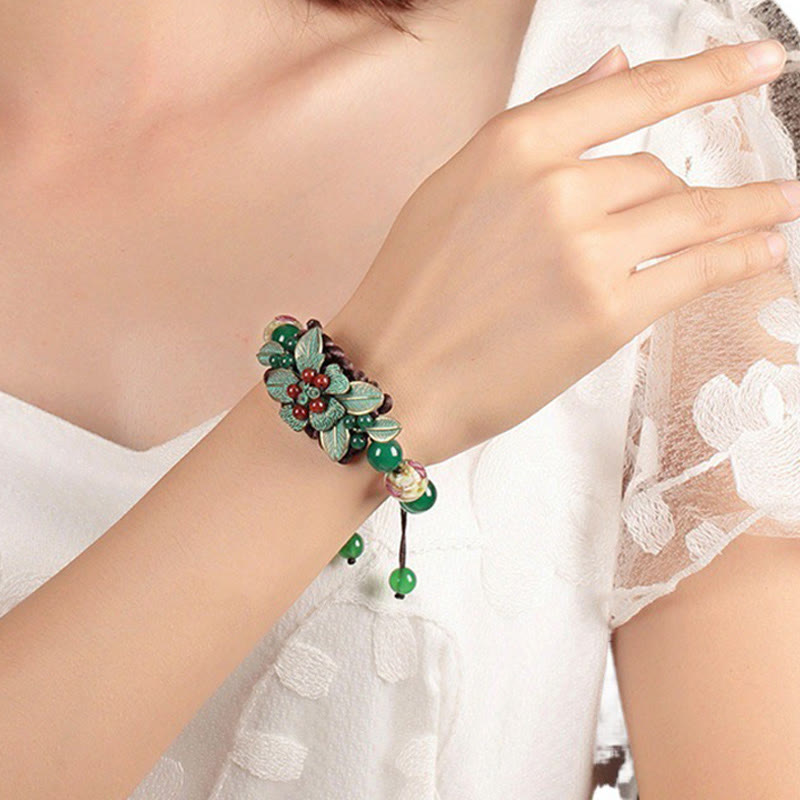 Nimara Ritual Green Agate Glass Flower Beads Braided Knot Support Bracelet