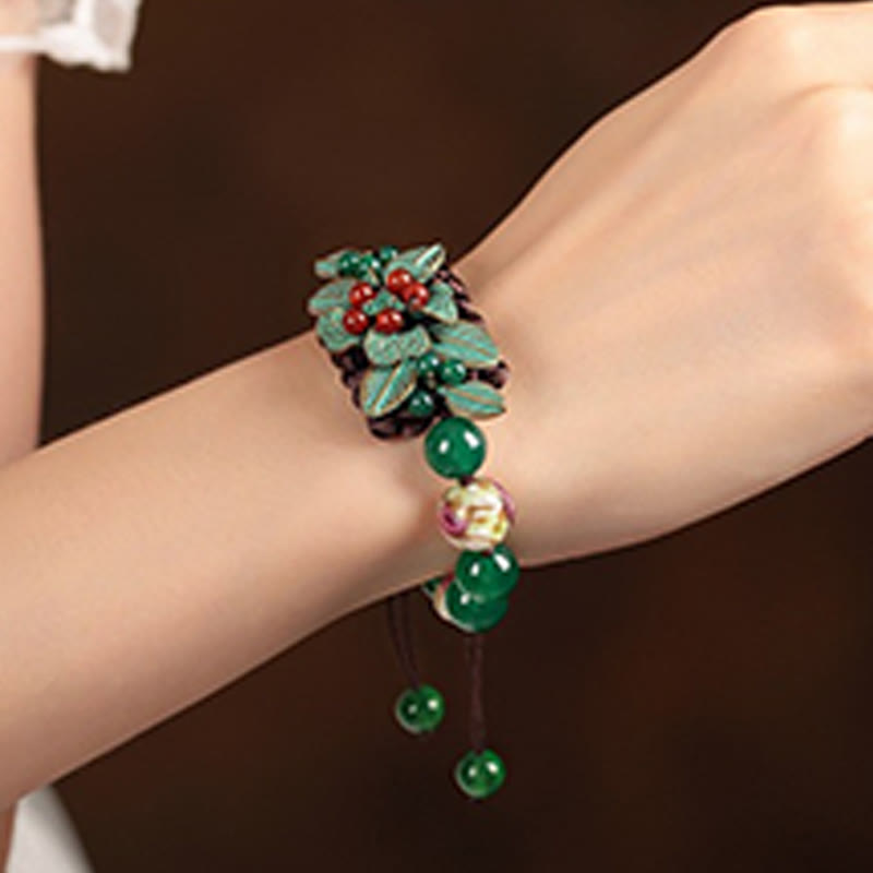 Nimara Ritual Green Agate Glass Flower Beads Braided Knot Support Bracelet