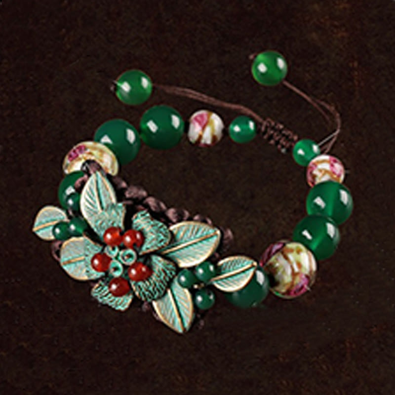 Nimara Ritual Green Agate Glass Flower Beads Braided Knot Support Bracelet