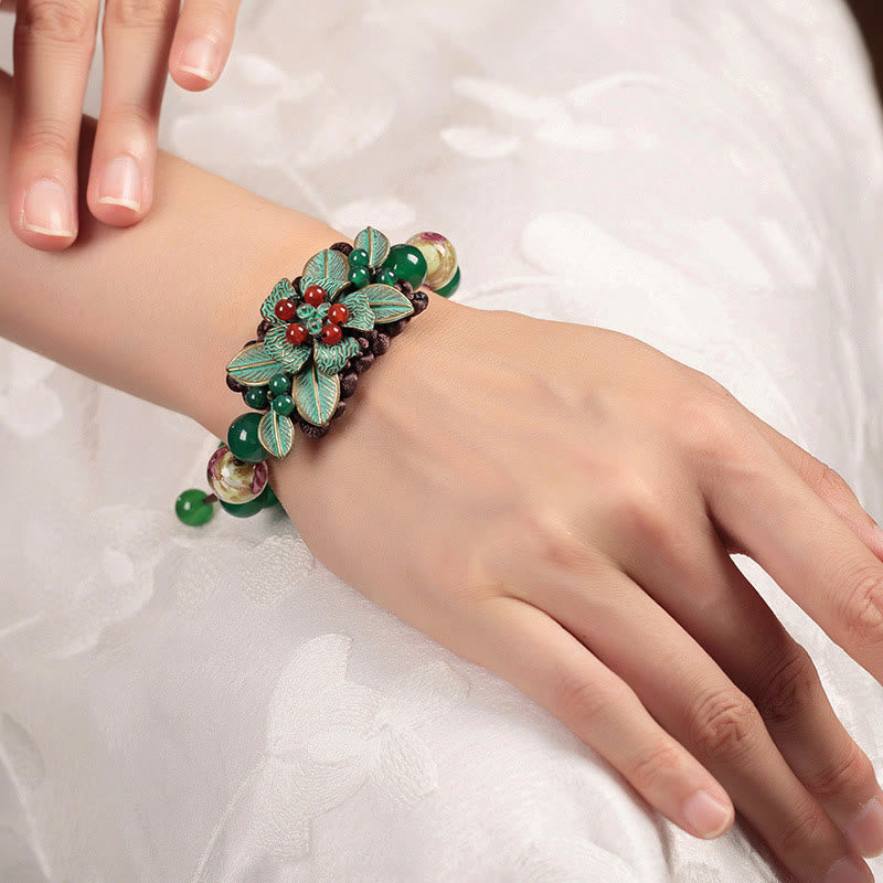 Nimara Ritual Green Agate Glass Flower Beads Braided Knot Support Bracelet