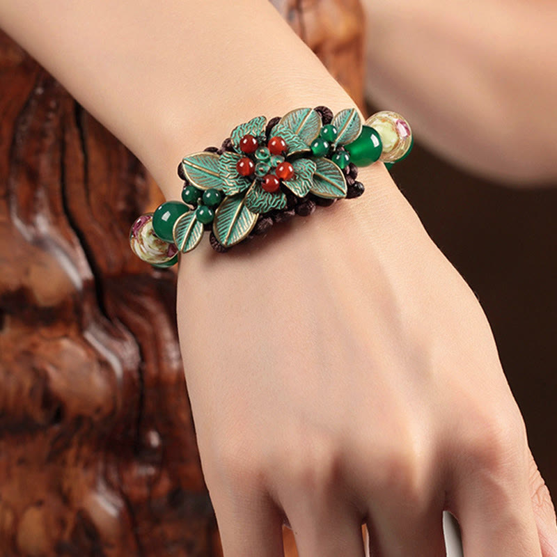 Nimara Ritual Green Agate Glass Flower Beads Braided Knot Support Bracelet