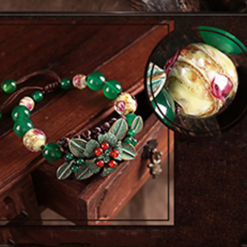 Nimara Ritual Green Agate Glass Flower Beads Braided Knot Support Bracelet