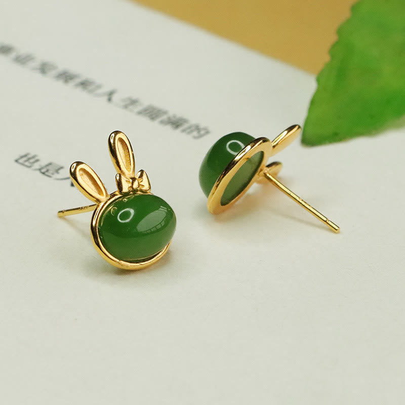 Nimara Ritual 925 Sterling Silver Hetian Cyan Jade Cute Rabbit Luck Stud Earrings