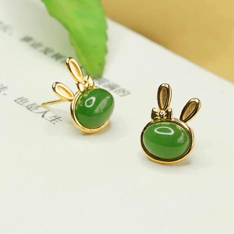 Nimara Ritual 925 Sterling Silver Hetian Cyan Jade Cute Rabbit Luck Stud Earrings