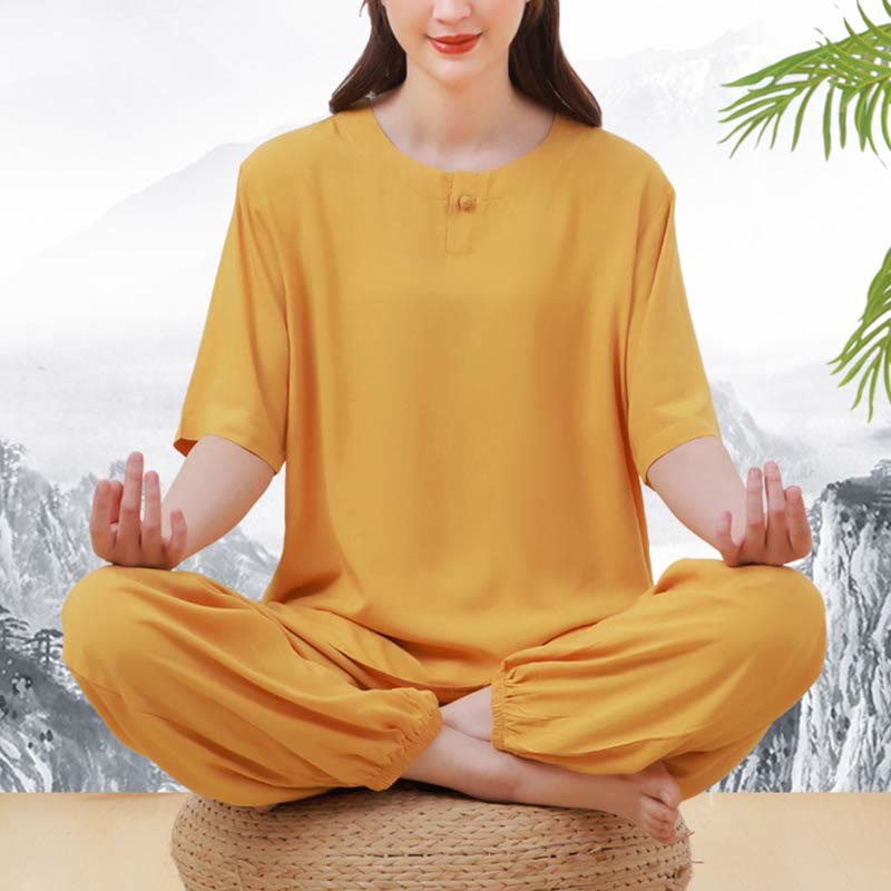Nimara Ritual 2pcs Plain Color Frog-Button Simple Design Crew Neck Design Half Sleeve Shirt Top Elastic Waist Pants Meditation Zen Tai Chi Cotton Clothing Women's Set
