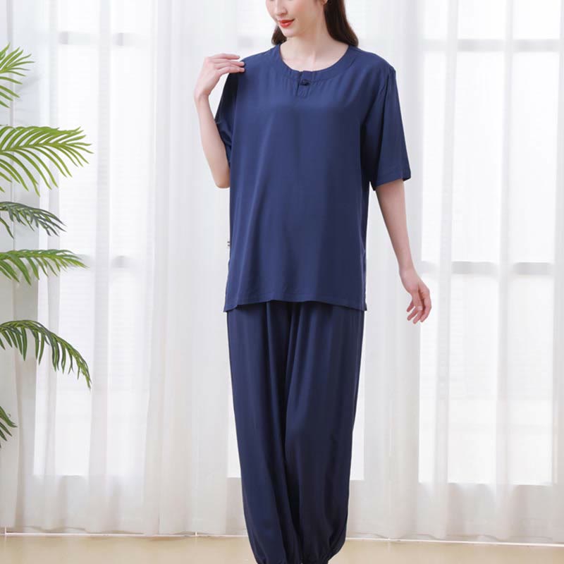 Nimara Ritual 2pcs Plain Color Frog-Button Simple Design Crew Neck Design Half Sleeve Shirt Top Elastic Waist Pants Meditation Zen Tai Chi Cotton Clothing Women's Set
