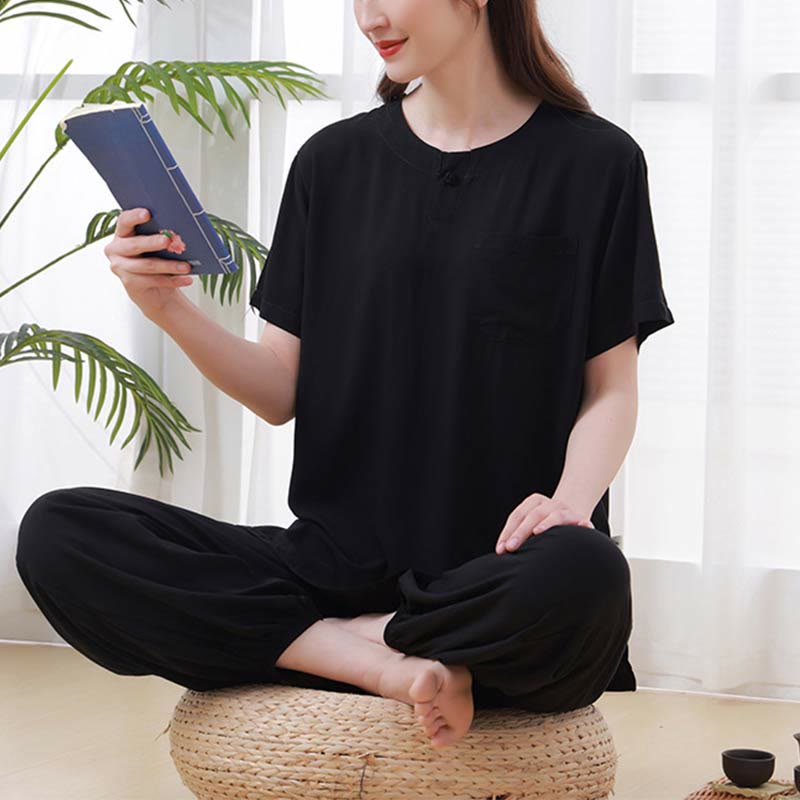 Nimara Ritual 2pcs Plain Color Frog-Button Simple Design Crew Neck Design Half Sleeve Shirt Top Elastic Waist Pants Meditation Zen Tai Chi Cotton Clothing Women's Set