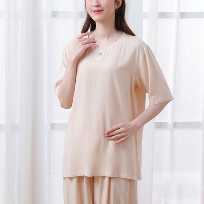 Nimara Ritual 2pcs Plain Color Frog-Button Simple Design Crew Neck Design Half Sleeve Shirt Top Elastic Waist Pants Meditation Zen Tai Chi Cotton Clothing Women's Set