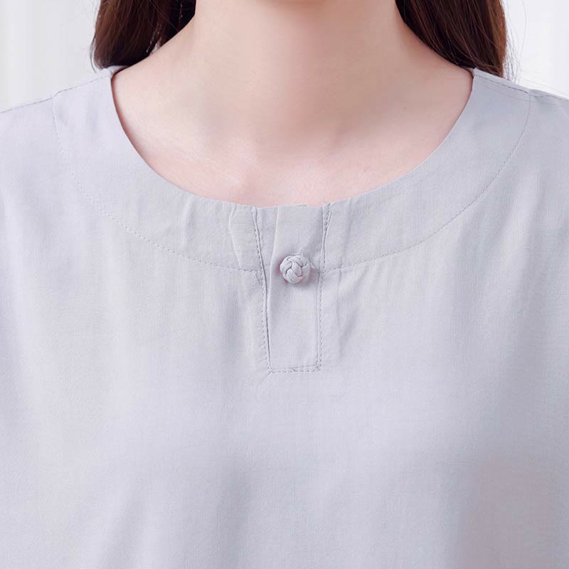 Nimara Ritual 2pcs Plain Color Frog-Button Simple Design Crew Neck Design Half Sleeve Shirt Top Elastic Waist Pants Meditation Zen Tai Chi Cotton Clothing Women's Set