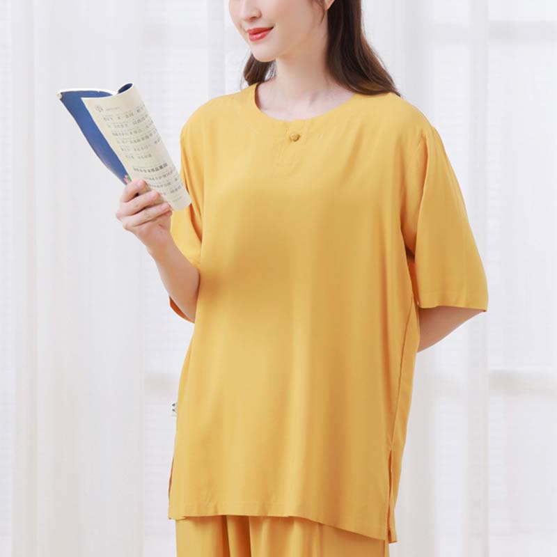 Nimara Ritual 2pcs Plain Color Frog-Button Simple Design Crew Neck Design Half Sleeve Shirt Top Elastic Waist Pants Meditation Zen Tai Chi Cotton Clothing Women's Set