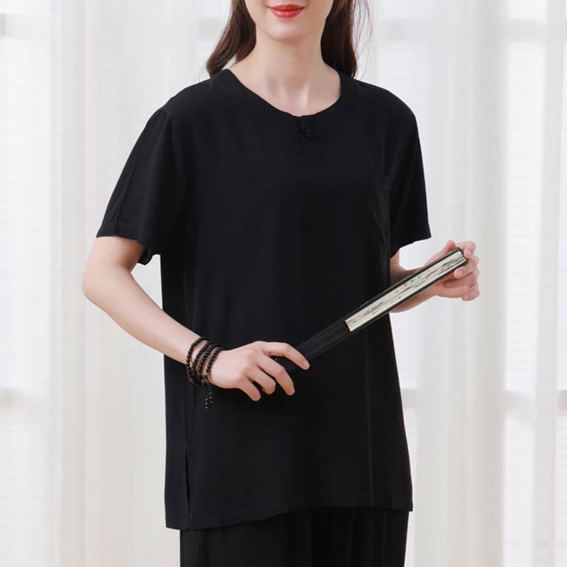 Nimara Ritual 2pcs Plain Color Frog-Button Simple Design Crew Neck Design Half Sleeve Shirt Top Elastic Waist Pants Meditation Zen Tai Chi Cotton Clothing Women's Set