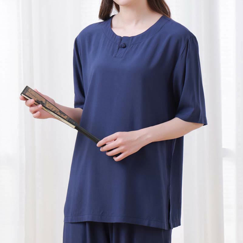 Nimara Ritual 2pcs Plain Color Frog-Button Simple Design Crew Neck Design Half Sleeve Shirt Top Elastic Waist Pants Meditation Zen Tai Chi Cotton Clothing Women's Set