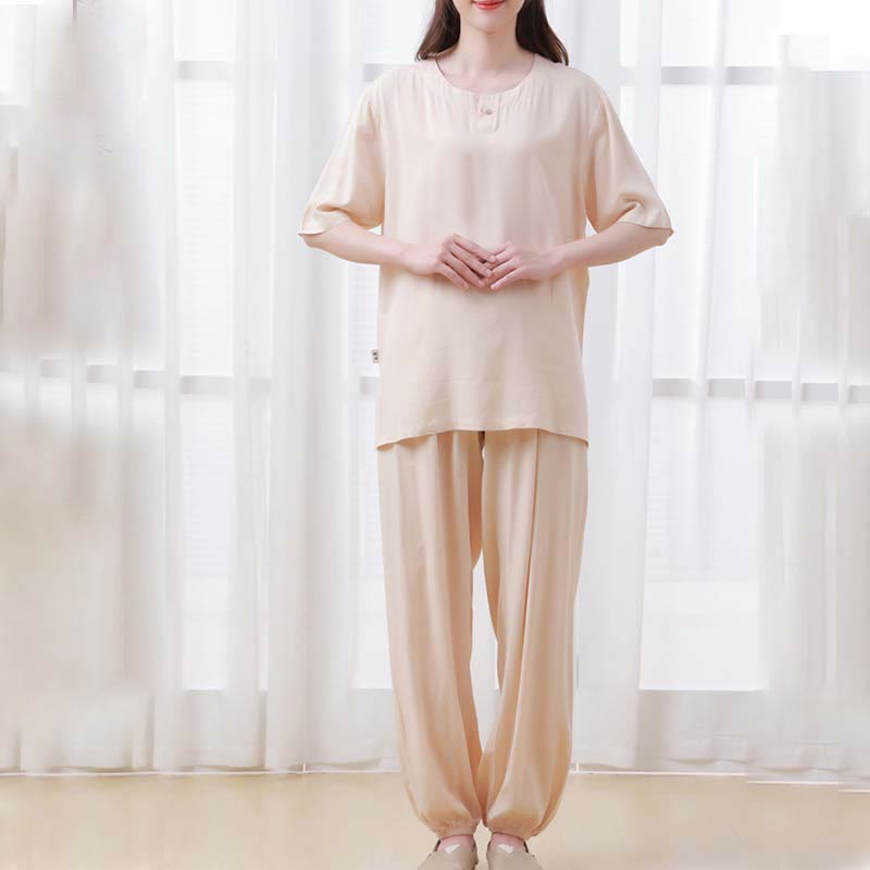 Nimara Ritual 2pcs Plain Color Frog-Button Simple Design Crew Neck Design Half Sleeve Shirt Top Elastic Waist Pants Meditation Zen Tai Chi Cotton Clothing Women's Set
