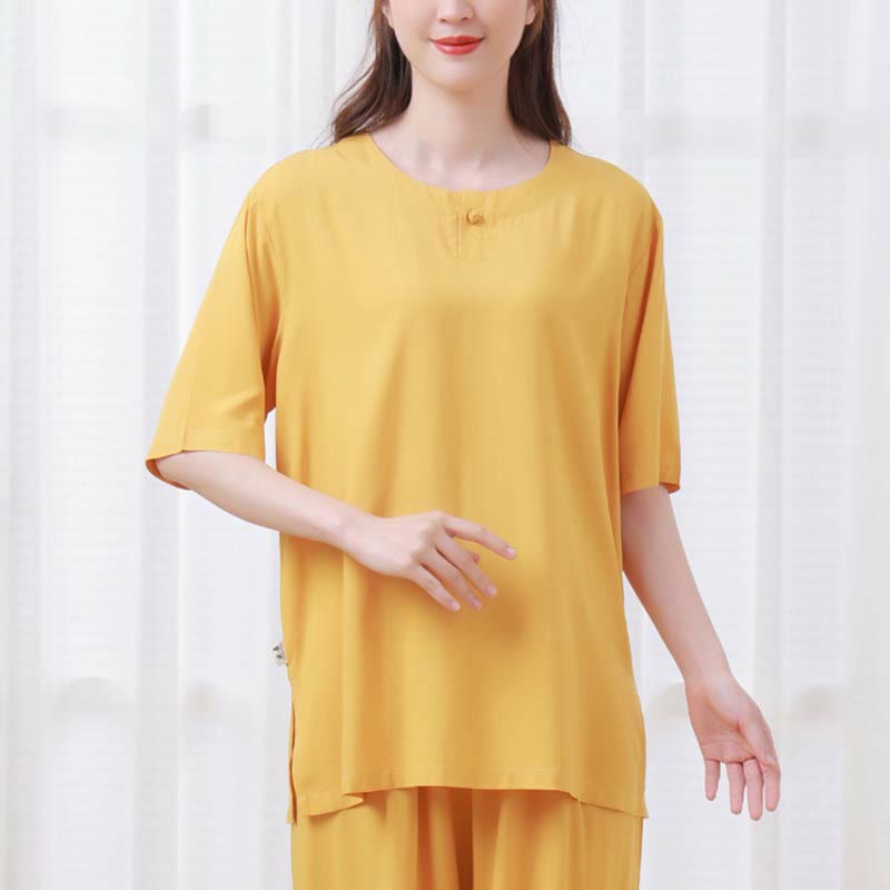 Nimara Ritual 2pcs Plain Color Frog-Button Simple Design Crew Neck Design Half Sleeve Shirt Top Elastic Waist Pants Meditation Zen Tai Chi Cotton Clothing Women's Set