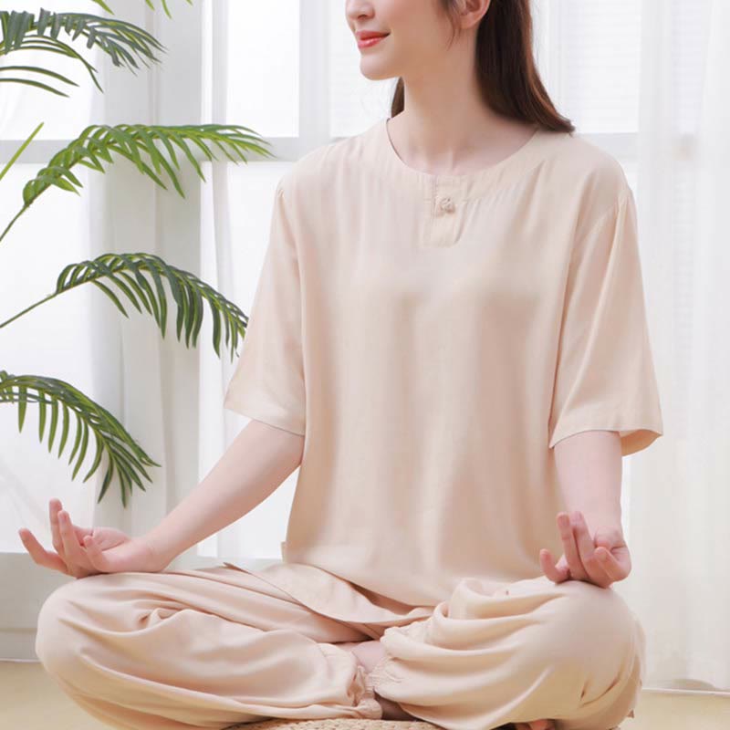 Nimara Ritual 2pcs Plain Color Frog-Button Simple Design Crew Neck Design Half Sleeve Shirt Top Elastic Waist Pants Meditation Zen Tai Chi Cotton Clothing Women's Set