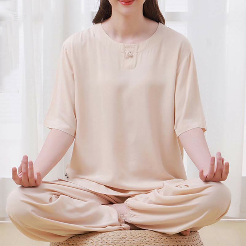 Nimara Ritual 2pcs Plain Color Frog-Button Simple Design Crew Neck Design Half Sleeve Shirt Top Elastic Waist Pants Meditation Zen Tai Chi Cotton Clothing Women's Set