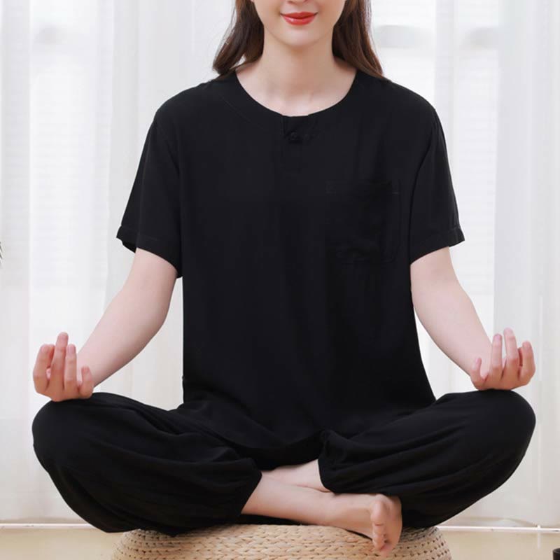 Nimara Ritual 2pcs Plain Color Frog-Button Simple Design Crew Neck Design Half Sleeve Shirt Top Elastic Waist Pants Meditation Zen Tai Chi Cotton Clothing Women's Set