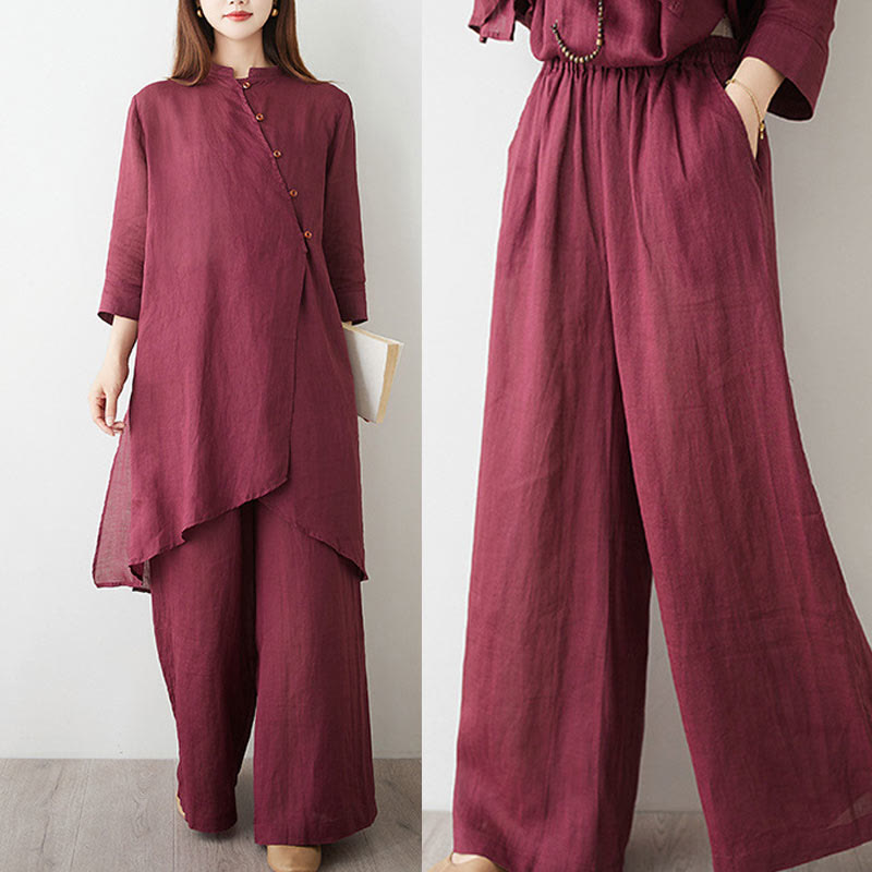 Nimara Ritual Casual 2pcs Plain Three Quarter Sleeve Slanted Collar Shirt Top Wide Leg Pants With Pockets Meditation Zen Tai Chi Clothing Women's Set